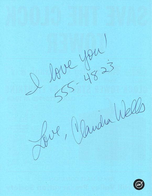 Claudia Wells Autographed Back to the Future 8.5x11 Blue Hill Valley Paper