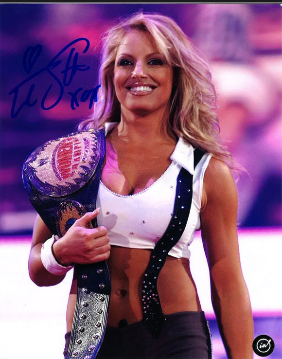 Trish Stratus with Championship Belt WWF Autographed 8x10