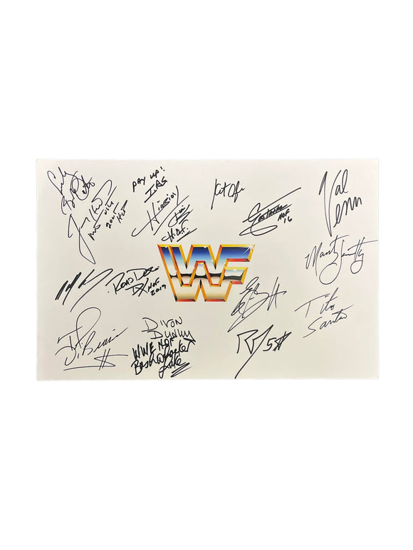 Legends of Wrestling Autographed 11x17 WWF / WWE Retro Logo 16 HOFers & Superstars