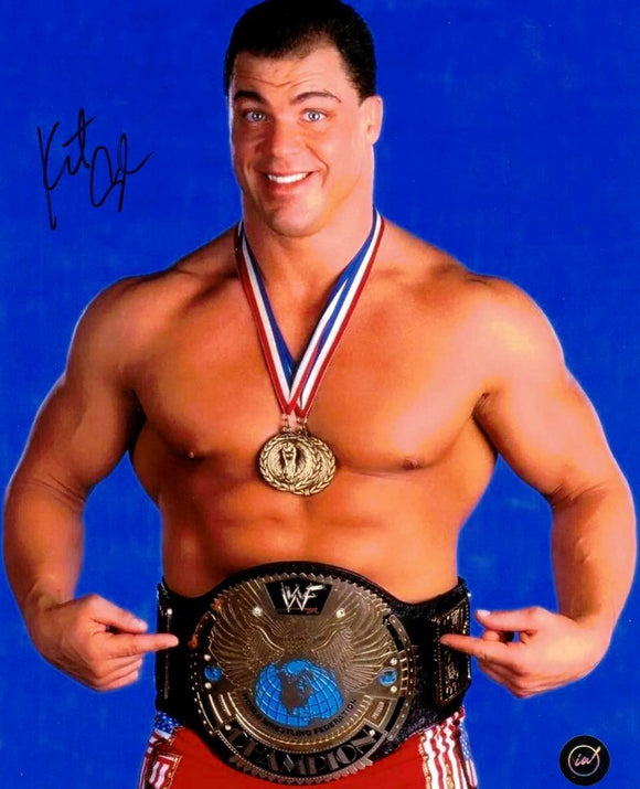 Kurt Angle Autographed 8x10 WWE Photo with Olympic Medal