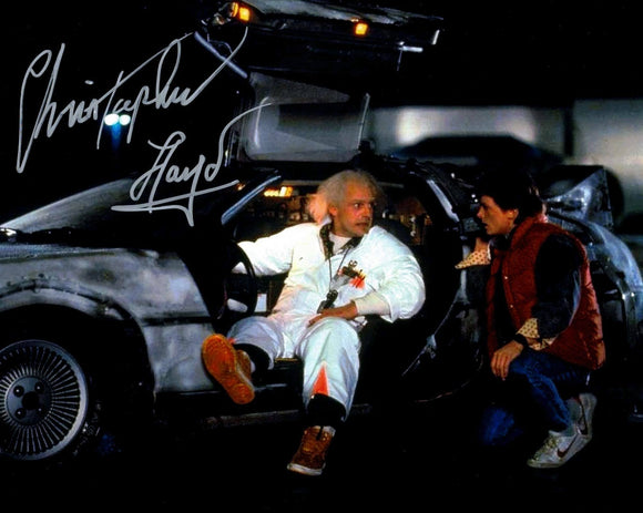 Doc Brown in the Delorean Autographed 8x10 by Christopher Lloyd