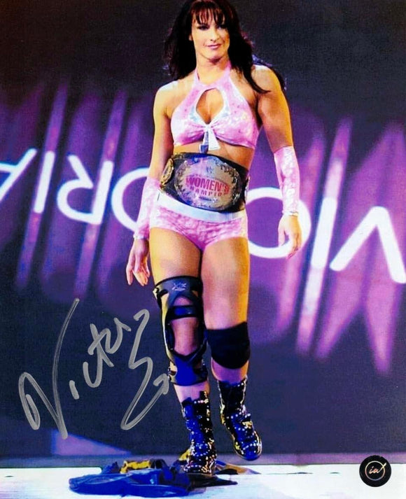 Victoria AKA Lisa Marie Autographed WWE Photo w/ Title Belt